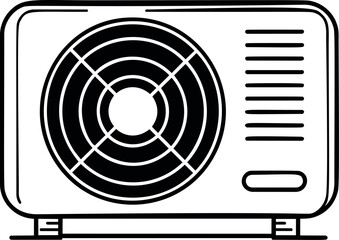 Black and white illustration of air conditioner with circular fan design. Vector illustration