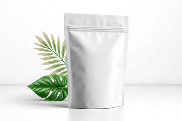 Blank white stand up pouch mockup with tropical leaves
