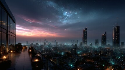 Fototapeta premium Hyper-dense skyline with buildings covered in hexagonal reflective tiles and modular design, glowing from embedded RGB smart lighting, under a sky awash in artificially-generated twilight gradients 