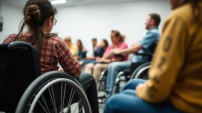 A group of diverse people, some in wheelchairs, participate in a discussion or meeting