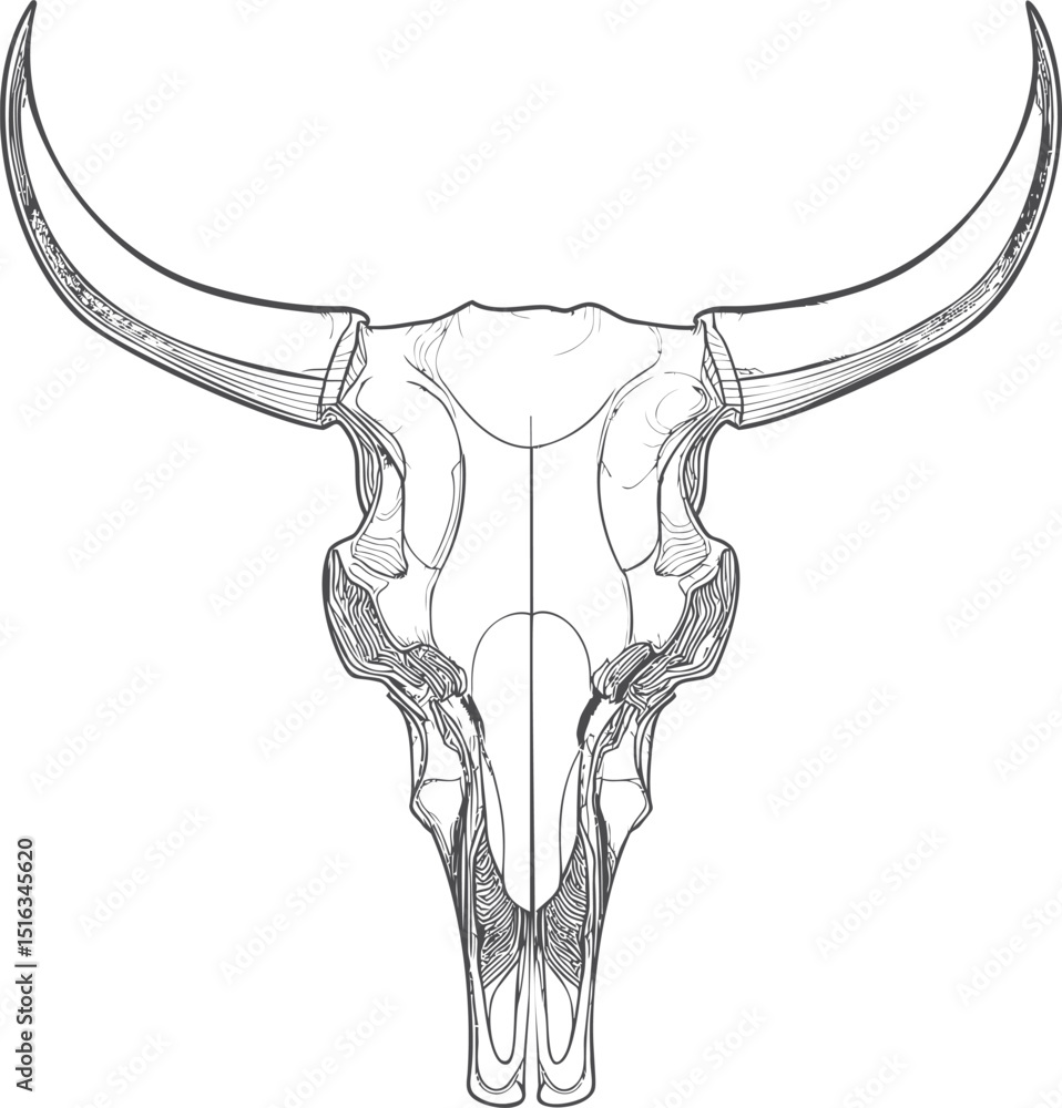 Poster line art of a bull skull with intricate details and symmetrical design. vector illustration