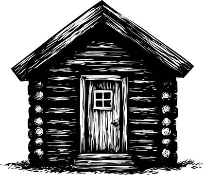 Rustic black-and-white illustration of a log cabin with a gabled roof, sketch art. Vector illustration
