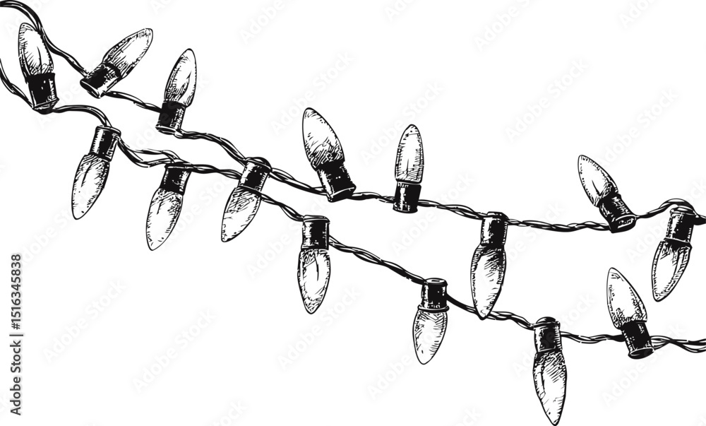Aufkleber sketch of intertwined vintage string lights in black and white, minimalist design. vector illustrati