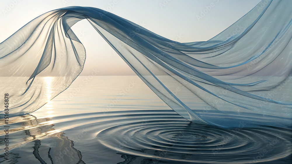 Poster flowing transparent cloth with water and fluid texture in 3d visual