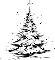 Black ink sketch of a Christmas tree with stars and snowflakes, abstract art. Vector illustration