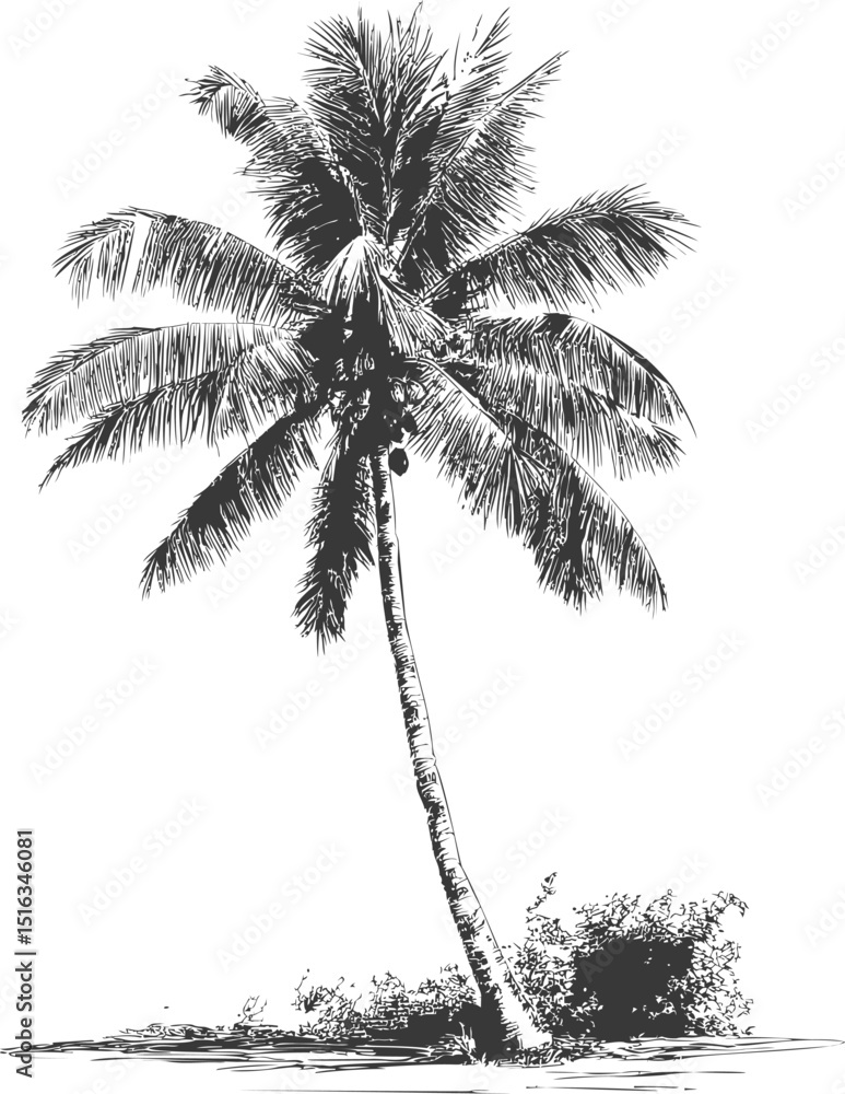 Poster black and white illustration of a coconut palm tree on a small island sketch. vector illustration