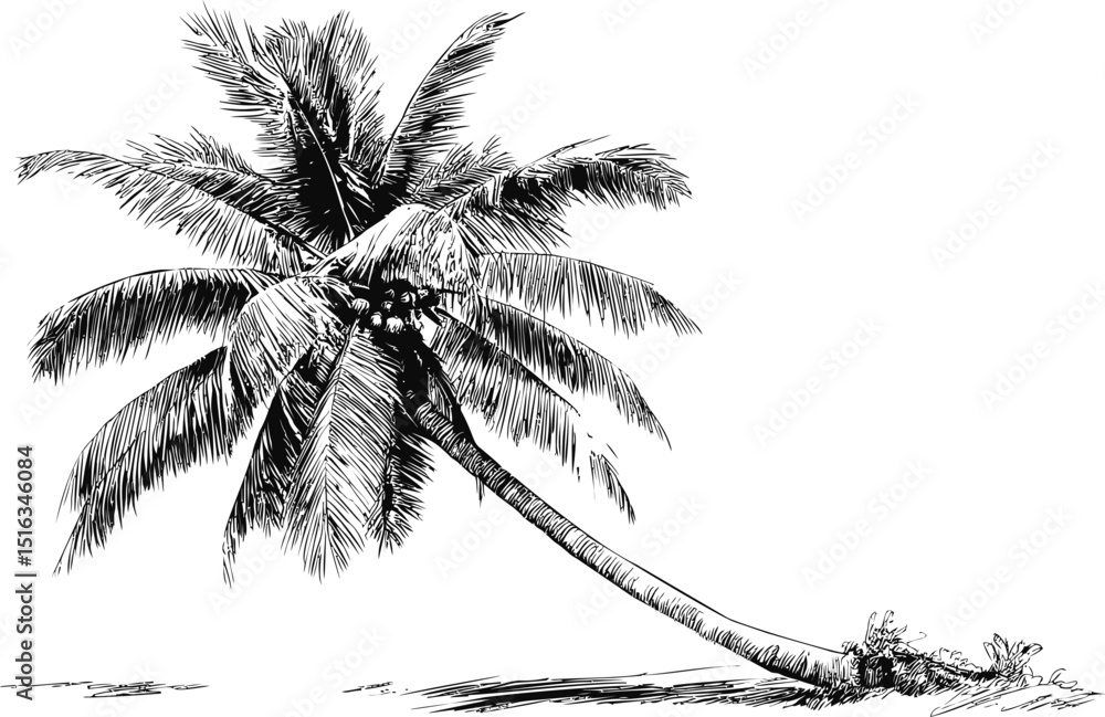 Poster Sketch of a leaning palm tree with coconuts. Vector illustration