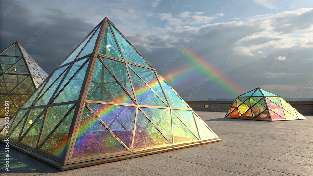 Poster glass geometries with colorful dispersion effects in 3d rendering