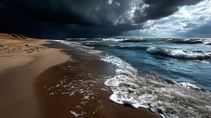 Stormy ocean waves crash on the sandy beach under a dramatic dark sky with bright sunlight breaking through gloomy clouds.