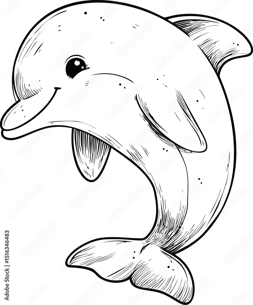 Poster smiling dolphin line art illustration in black and white with playful expression. vector illustratio