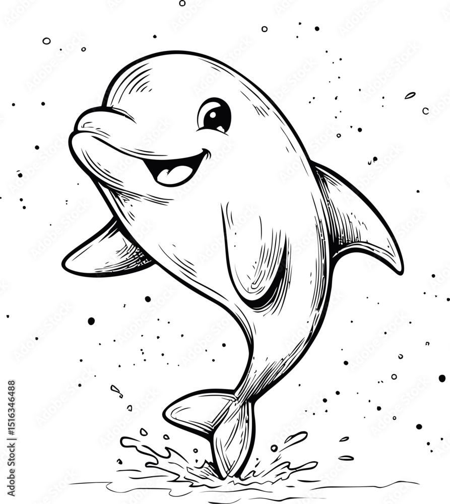 Poster smiling cartoon dolphin leaping joyfully with splash. vector illustration