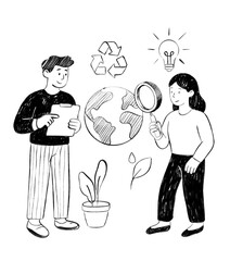 Illustration of two people discussing environmental sustainability with planet earth and recycling symbols