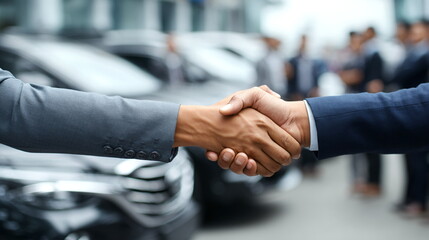 Two men shaking hands in a car dealership, close up view of businessmen, business team meeting concepts