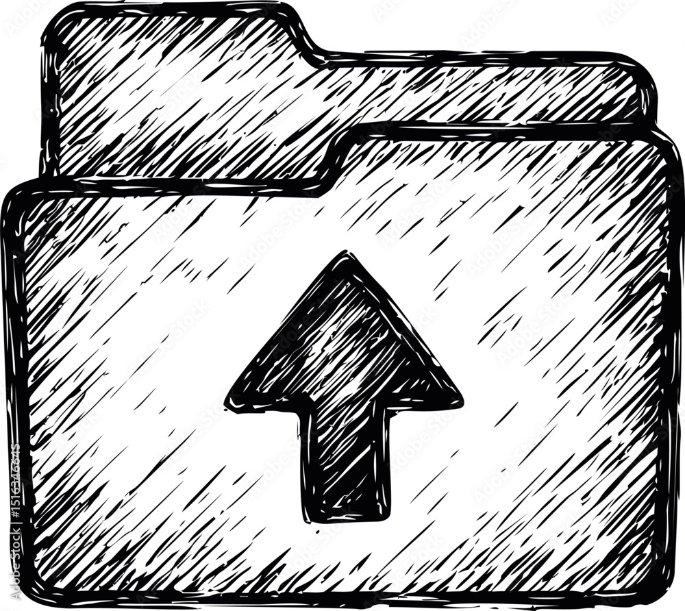 Poster black and white sketch of a file folder with upward arrow symbol. vector illustration
