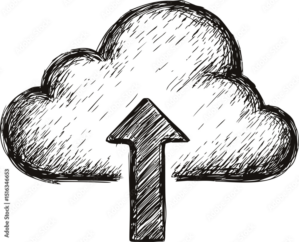 Poster black and white sketch of cloud with an upward arrow, concept of cloud upload. vector illustration
