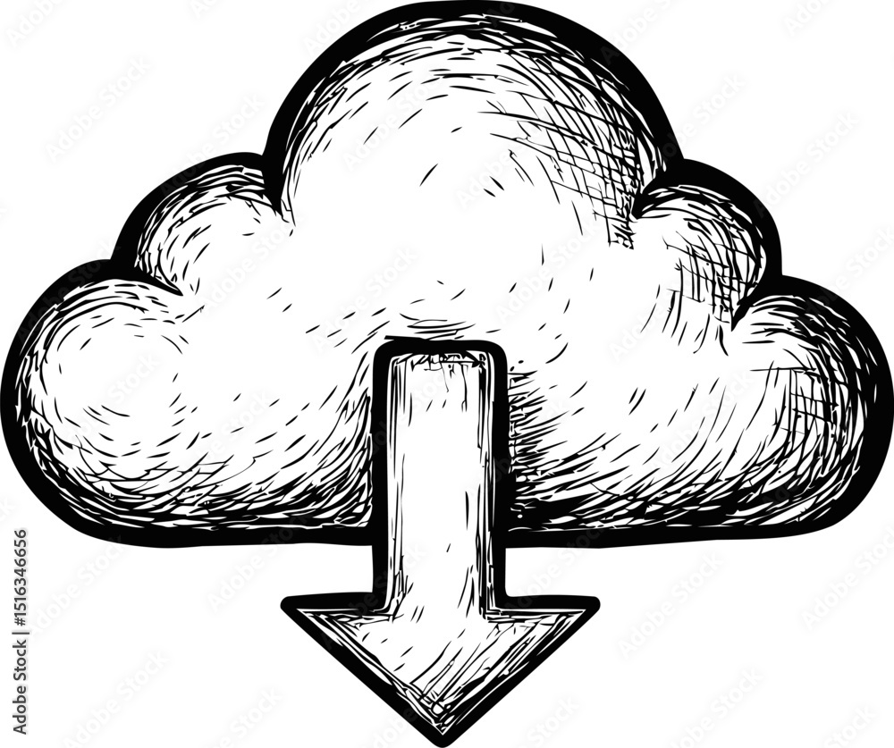 Aufkleber hand-drawn cloud with downward arrow symbolizing data download sketch. vector illustration
