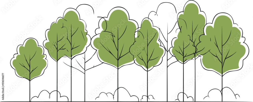 Poster minimalist green trees drawing with abstract outlines and. vector illustration