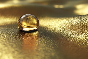 a shiny leather surface with a single drop of water resting on it, the surface reflecting the droplet, captured with high detail and diffused lighting.