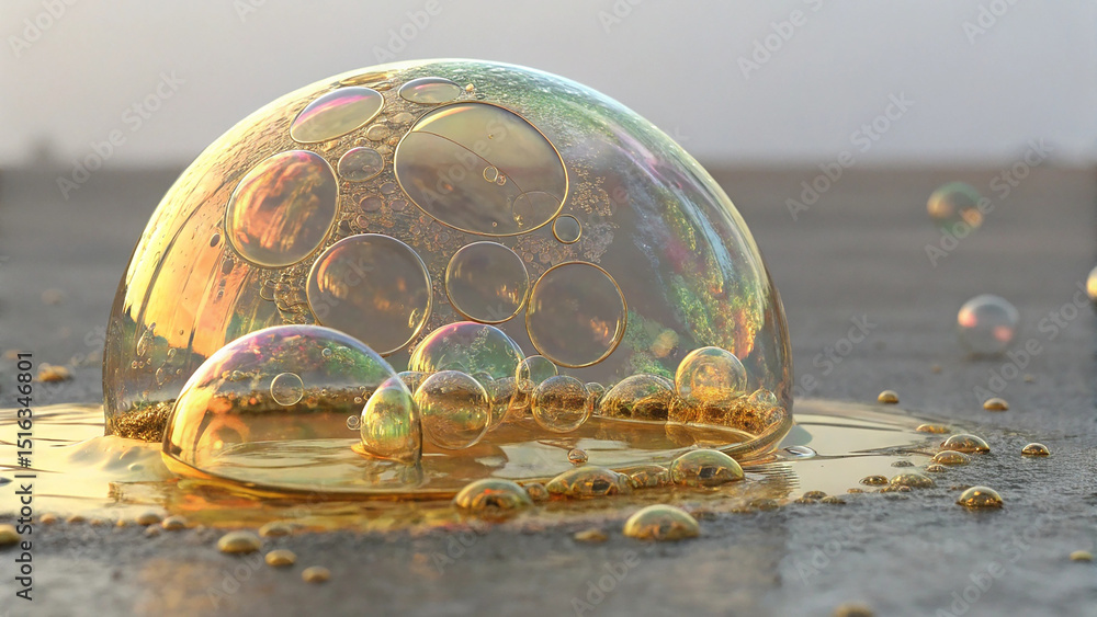 Poster golden liquid oil bubble in realistic 3d rendering with fluid shape