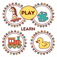 Fototapeta premium Cartoon illustration of toys with play and learn text isolated on white background