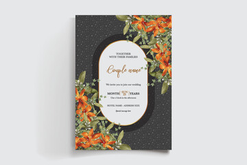 WEDDING INVITATION FRAME WITH FLOWER DECORATIONS AND FRESH LEAVES