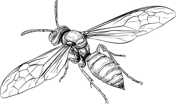 Detailed black and white line drawing of a flying wasp insect illustration. Vector illustration