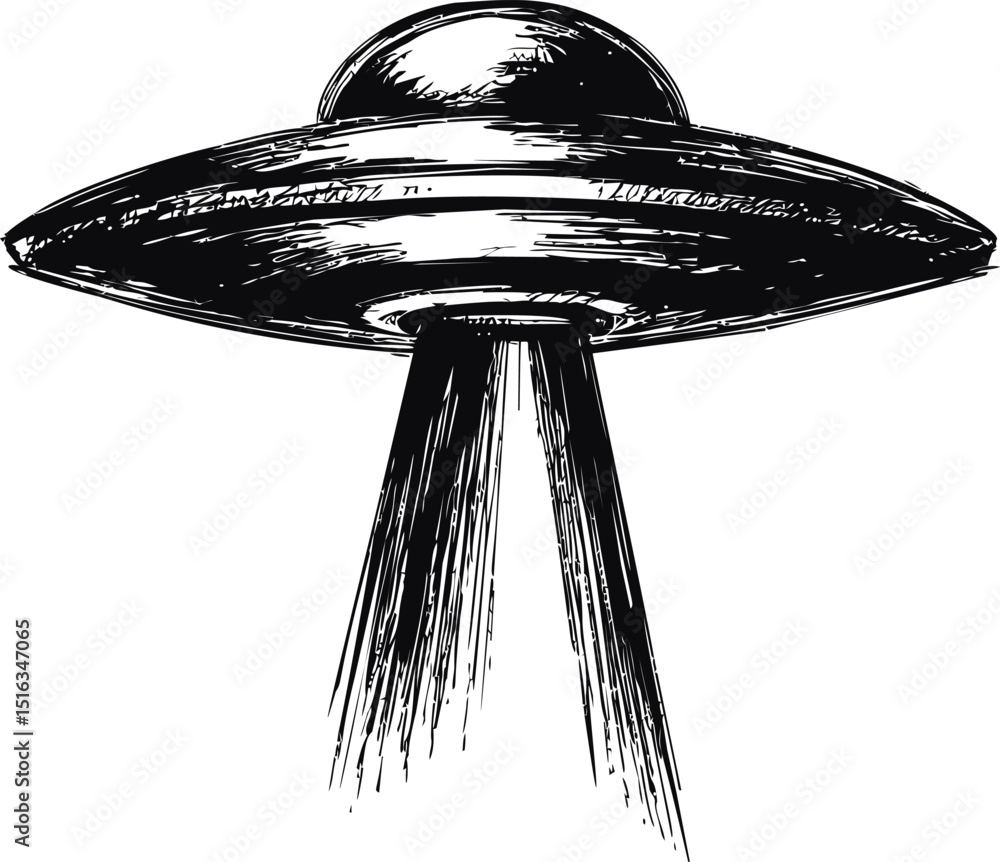 Aufkleber monochrome sketch of a ufo with a beam of light shining downward. vector illustration
