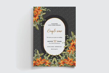 WEDDING INVITATION FRAME WITH FLOWER DECORATIONS AND FRESH LEAVES