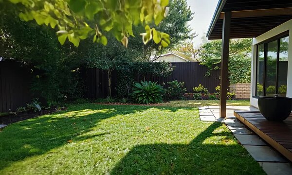 Sun Drenched Backyard with Green Lawn a Mature Tree Wooden Fence and Decking on a Sunny Day