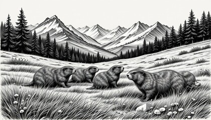 Vintage Groundhog Illustration engraving vector. groundhogs in a grassy alpine meadow with mountains and trees in the background sketch engraving generative ai vector illustration.
