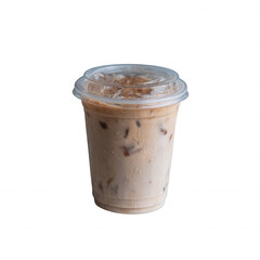 Delicious iced coffee in a transparent cup with ice cubes, perfect for a refreshing drink during warm weather, isolated on a white background.