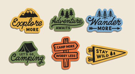 Outdoor adventure badge set featuring camping quotes and forest illustrations. Perfect for t-shirt designs, stickers, travel gear, or hiking-themed merchandise.