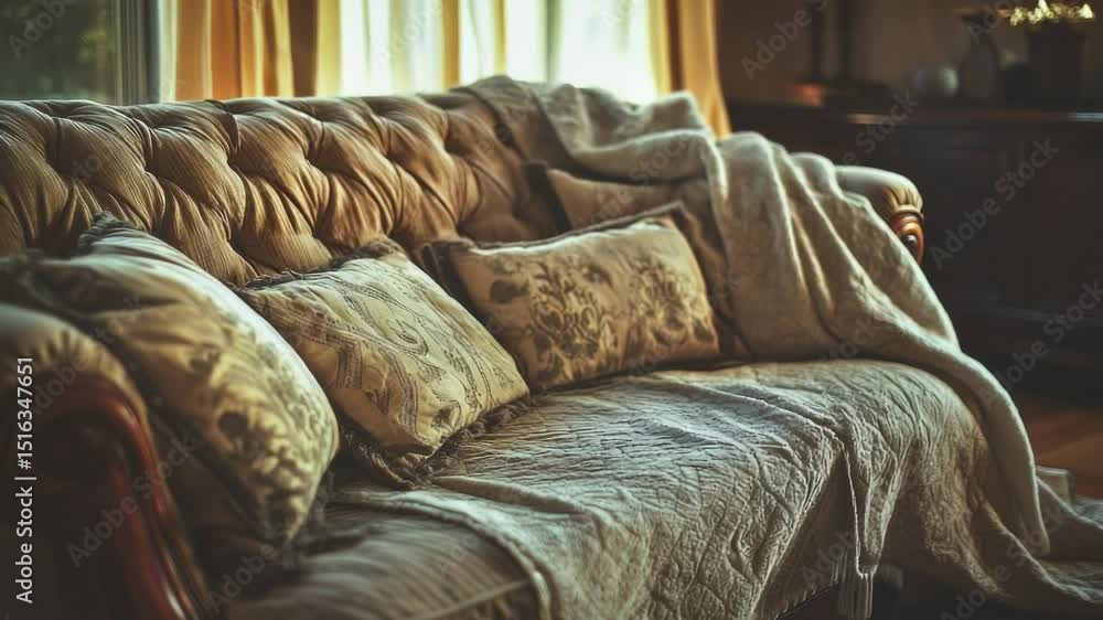 Poster a comfortable couch wrapped in a cozy blanket, situated in front of a window