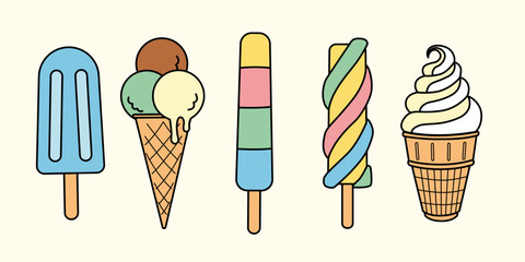 A vector set of five different ice cream treats. Popsicle, cone with scoops, layered pop, twist pop, soft serve. Ice cream illustrations.