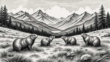 Vintage Groundhog Illustration engraving vector. groundhogs in a grassy alpine meadow with mountains and trees in the background sketch engraving generative ai vector illustration.