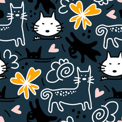 Seamless pattern with black cat cartoons and heart in doodle style on white background. vector illustration.