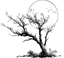 Fototapeta premium Silhouette of a barren tree with full moon in background, artistic illustration. Vector illustration