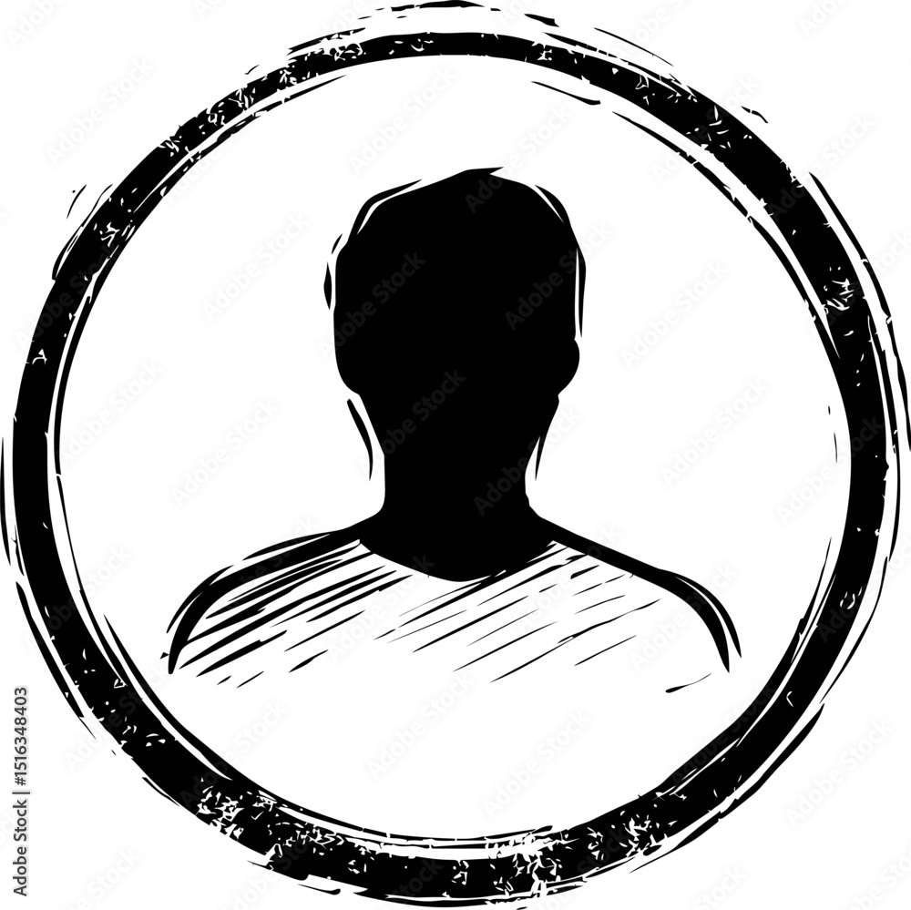 Poster silhouette of a person inside rough circular frame in black and white, abstract art. vector illustra
