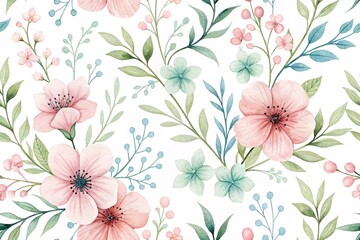Fototapeta premium Seamless Watercolor Pattern with Pink Flowers and Green Leaves, Perfect for Romantic Botanical Designs and Soft Nature Backgrounds