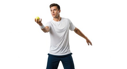 Young man throwing tennis ball while preparing for a game indoors  