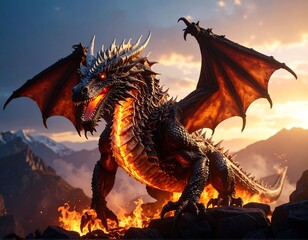 Fiery dragon atop a mountain