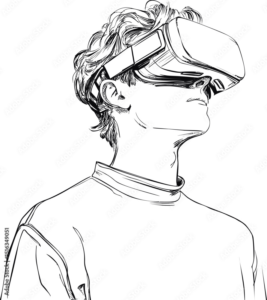Poster sketch of a person wearing a vr headset looking upward in black and white. vector illustration