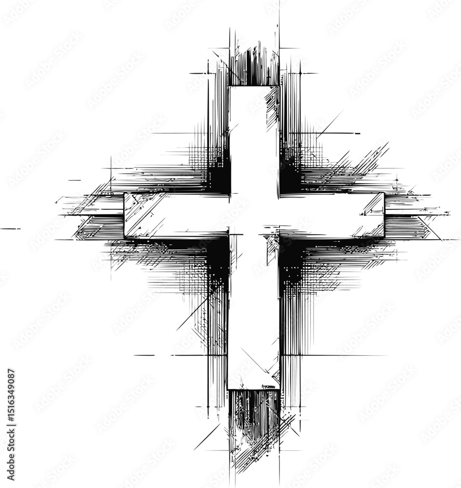Poster Abstract black sketch of a cross with sharp lines. Vector illustration