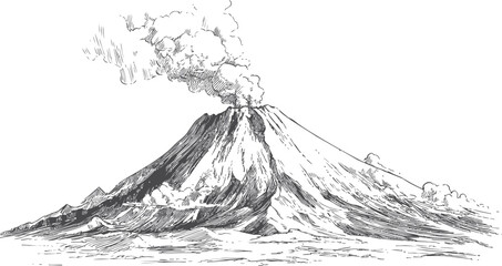 Hand-drawn illustration of an erupting volcano with smoke and rugged terrain. Vector illustration