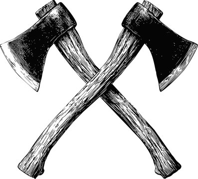Crossed vintage axes in detailed black and white woodcut illustration. Vector illustration