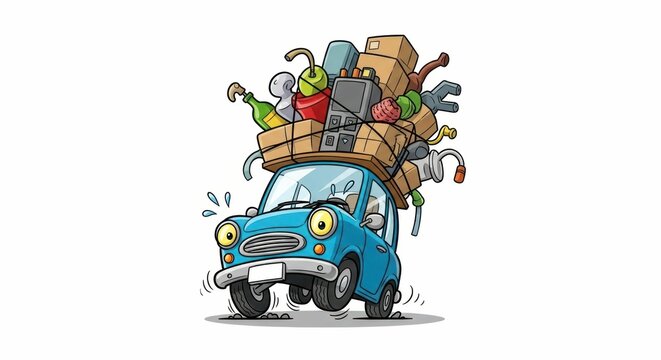 Cartoon car overloaded with random objects on the roof transport