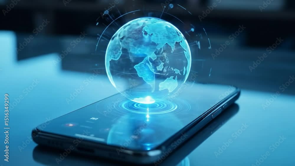 Poster futuristic smartphone features digital holographic globe with advanced interface elements on slim sc