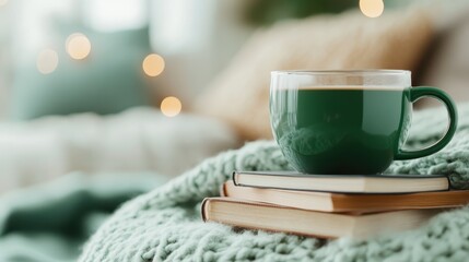 A cozy green coffee mug sits atop a stack of books, surrounded by a warm atmosphere, inviting you to indulge in a delightful reading experience while enjoying your favorite brew.