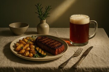 Grilled striploin steak resting on rustic tablecloth, accompanied by roasted vegetables, beer, cutlery, rosemary sprig, empty bowl. Ai generated