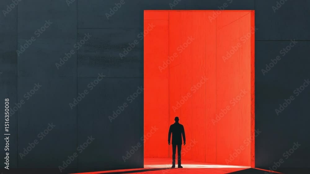 Aufkleber a person stands in front of a red door with a wooden frame and metal handle